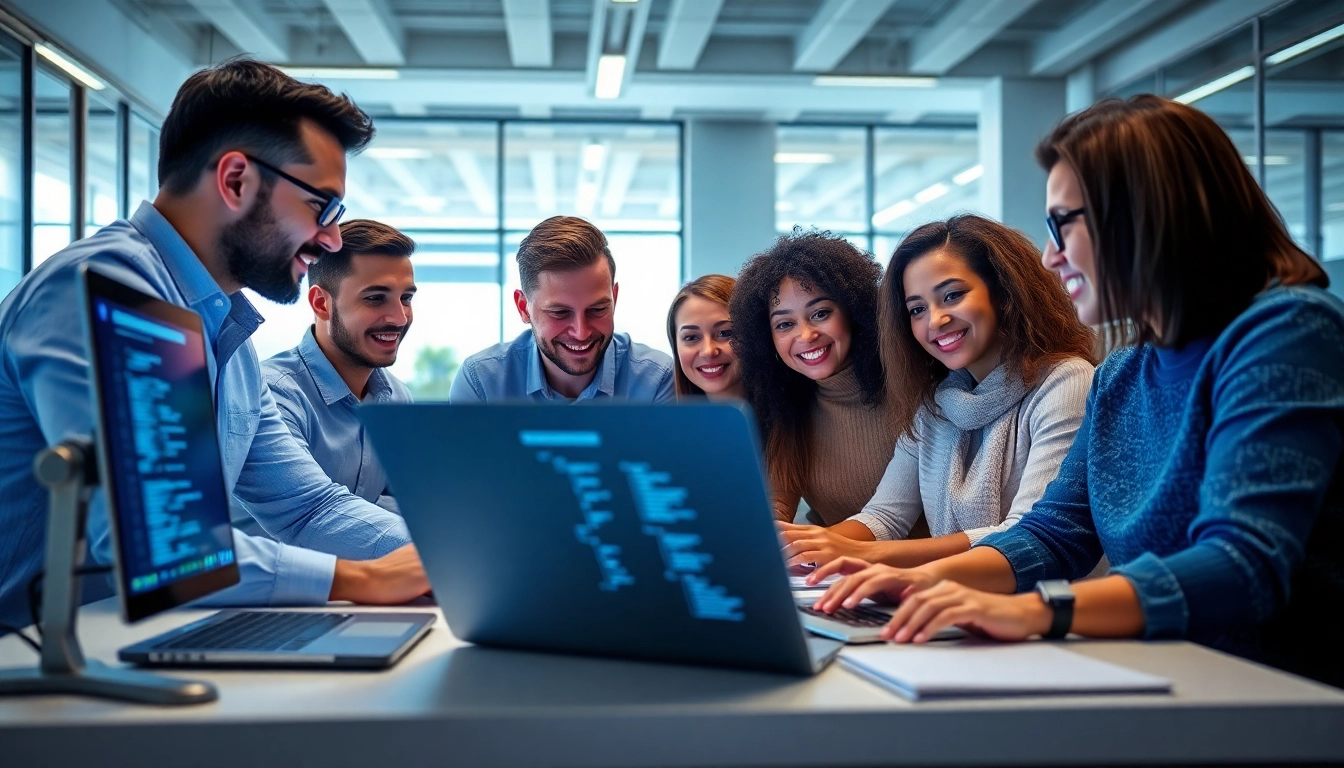 Team of developers creating AI Software using modern technology in a vibrant workspace.