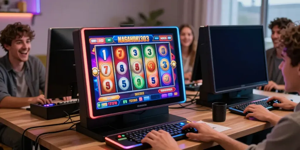 Pengalaman bermain slot online di NAGAHOKI303 dengan pemain antusias dan tampilan mesin slot yang dinamis.