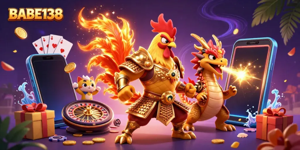 Permainan judi online BABE138 dengan karakter ayam juara dan naga, fitur menarik untuk petualangan slot.
