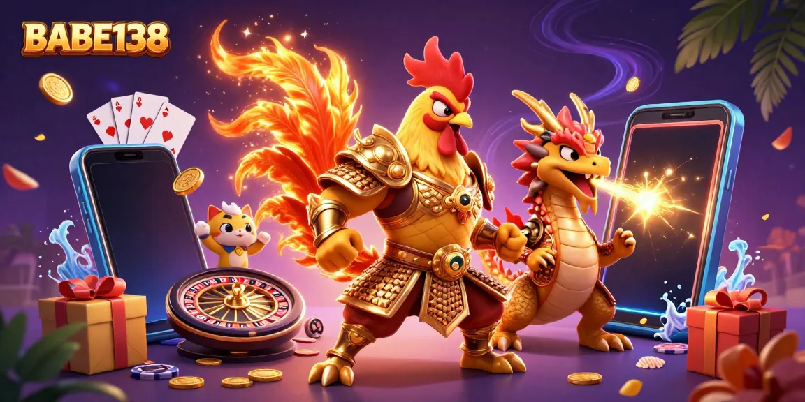 Permainan judi online BABE138 dengan karakter ayam juara dan naga, fitur menarik untuk petualangan slot.