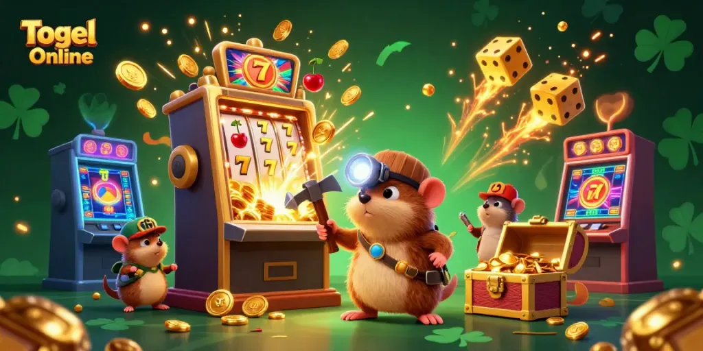 Togel Online menawarkan pengalaman menarik dengan simbol mesin slot dan karakter pencari harta karun.