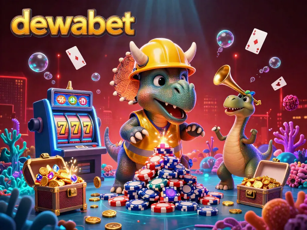 DewaBet menghadirkan slot online yang menarik dengan ilustrasi triceratops dan simbol penuh warna.