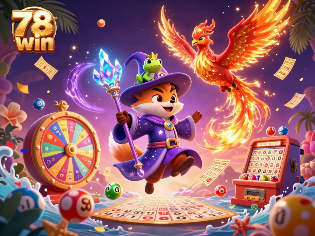 Engage with 78 win and enjoy colored lottery balls bouncing across a dynamic 3D casino scene.