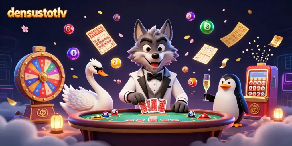 Engage in exciting gaming with densustotolv at a vibrant baccarat table featuring charming characters.