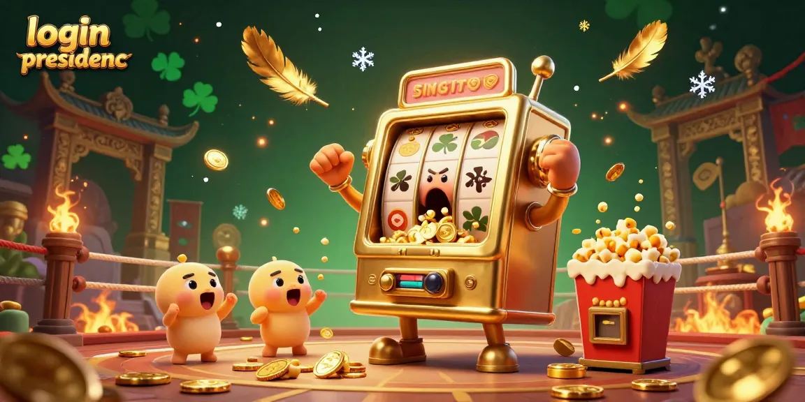 Spin for riches with a lucky slot machine hitting its jackpot at login presidencc, surrounded by cheering slot friends.
