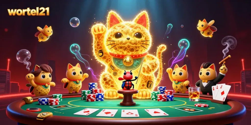 Menyajikan permainan kasino online menarik di wortel21 dengan kucing keberuntungan dan simbol permainan.