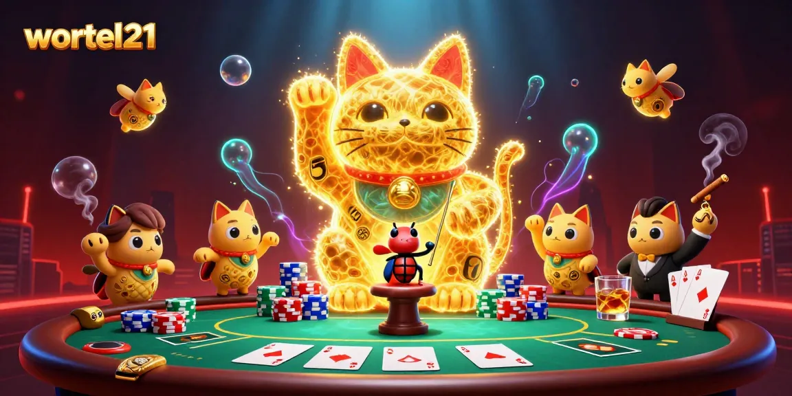 Menyajikan permainan kasino online menarik di wortel21 dengan kucing keberuntungan dan simbol permainan.
