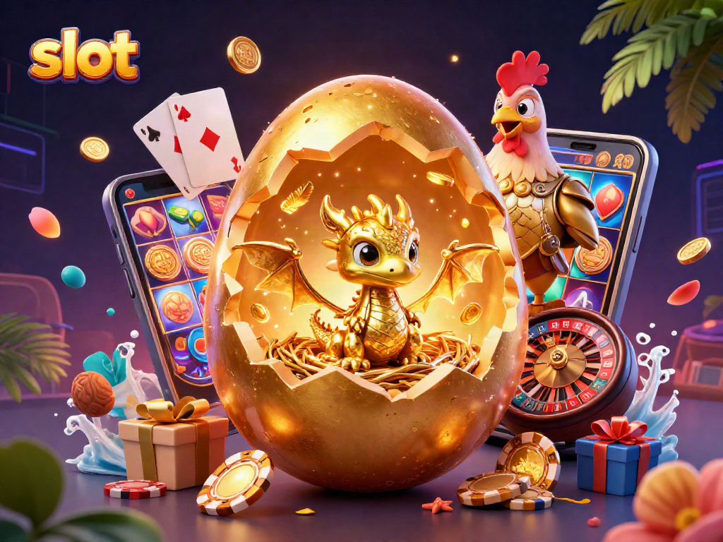 Spin vibrant slot games with a golden baby dragon atop poker chips during a vivid casino adventure.