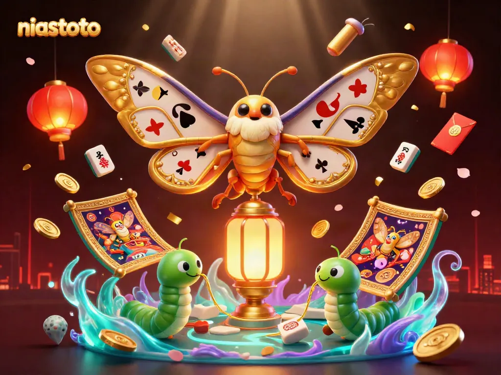NIASTOTO’s vibrant illustration captures a moth with golden wings amidst casino-themed elements.