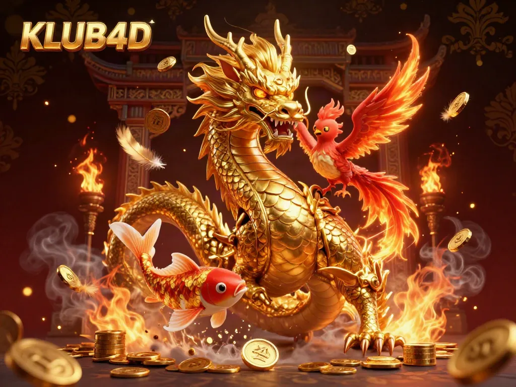 Menyambut kemenangan di KLUB4D dengan ilustrasi simbol keberuntungan dan elemen kasino yang menakjubkan.