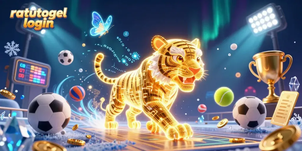 Experience the thrill of ratutogel login with a dynamic 3D casino scene featuring vibrant sports elements.