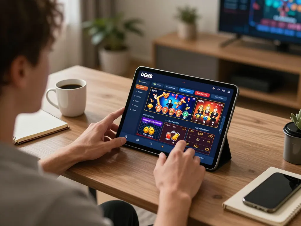 Engaging in online gaming at the tran chủ UG88 tablet, showcasing diverse casino options