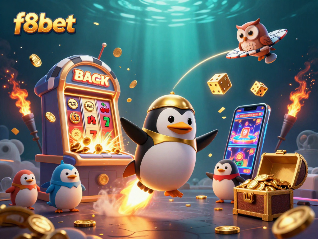 Experience the thrill of f8bet with a whimsical golden penguin and exciting casino elements.