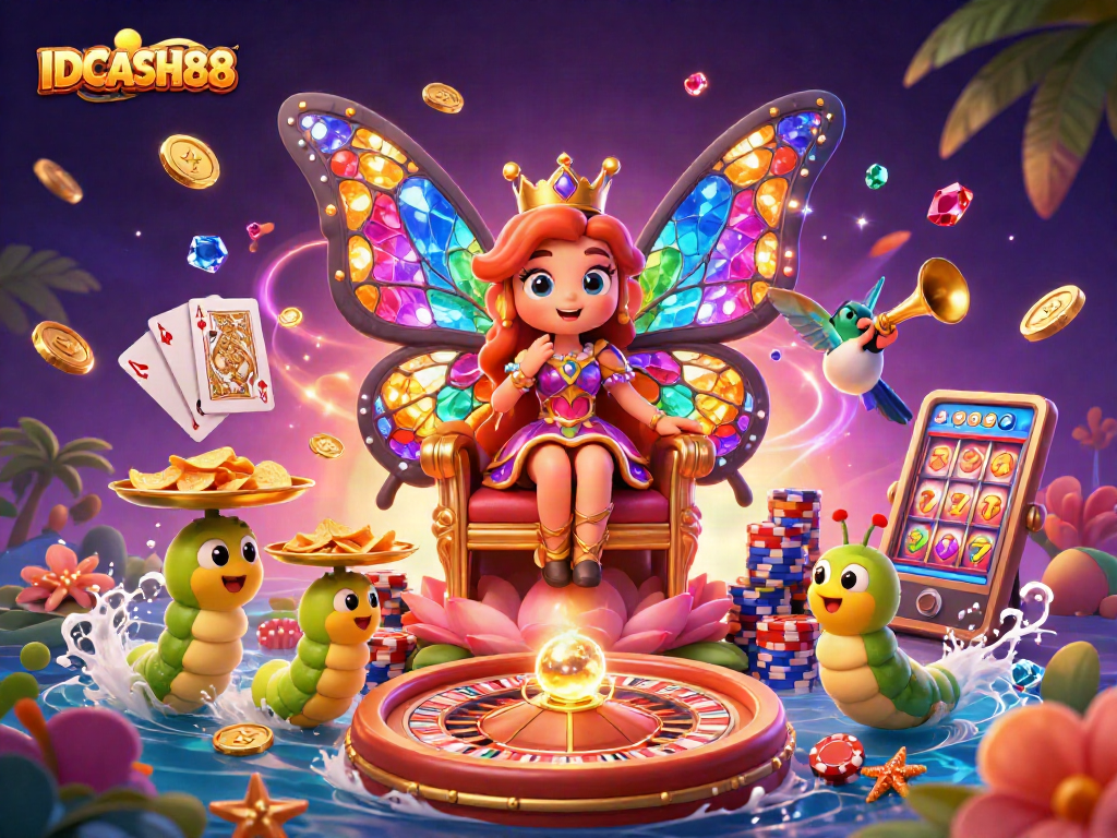 Spin and win with IDCASH88 as the butterfly queen revels in a lavish casino scene.
