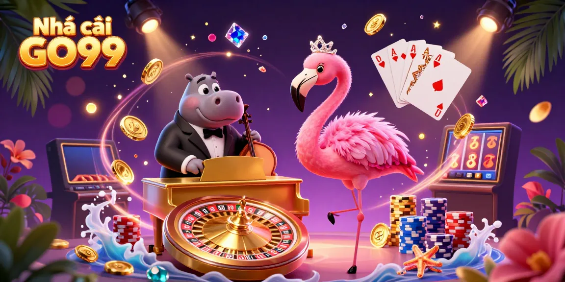 Experience dynamic gaming action at Nhà cái GO99 with vibrant slot reels, golden coins, and lively characters.