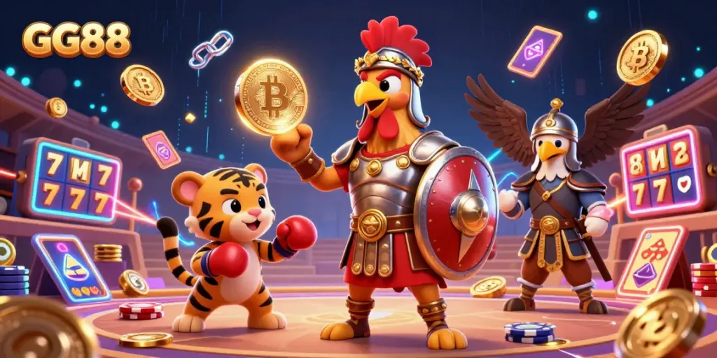Engage with GG88's thrilling casino action featuring a gladiator rooster, tiger cub, and packed gaming elements.