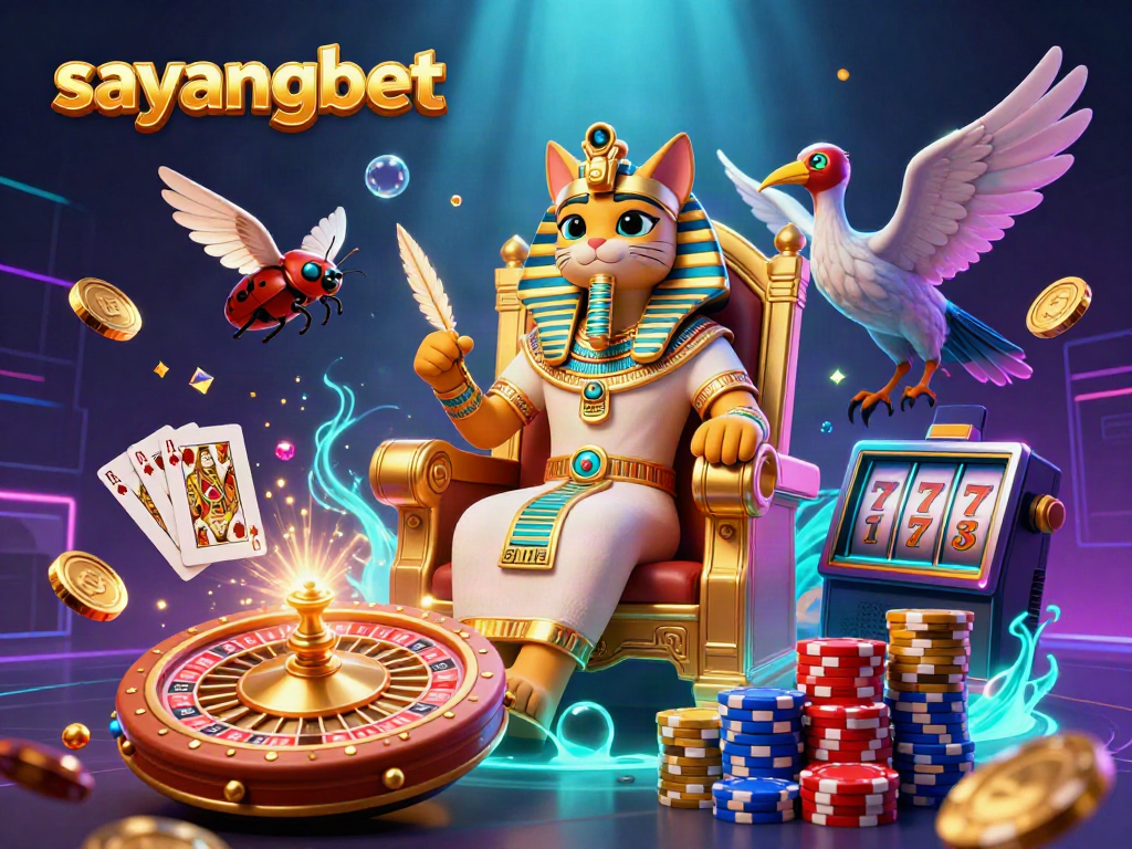 Experience the thrill of sayangbet with a 3D cartoon pharaoh cat amidst sparkling casino elements.