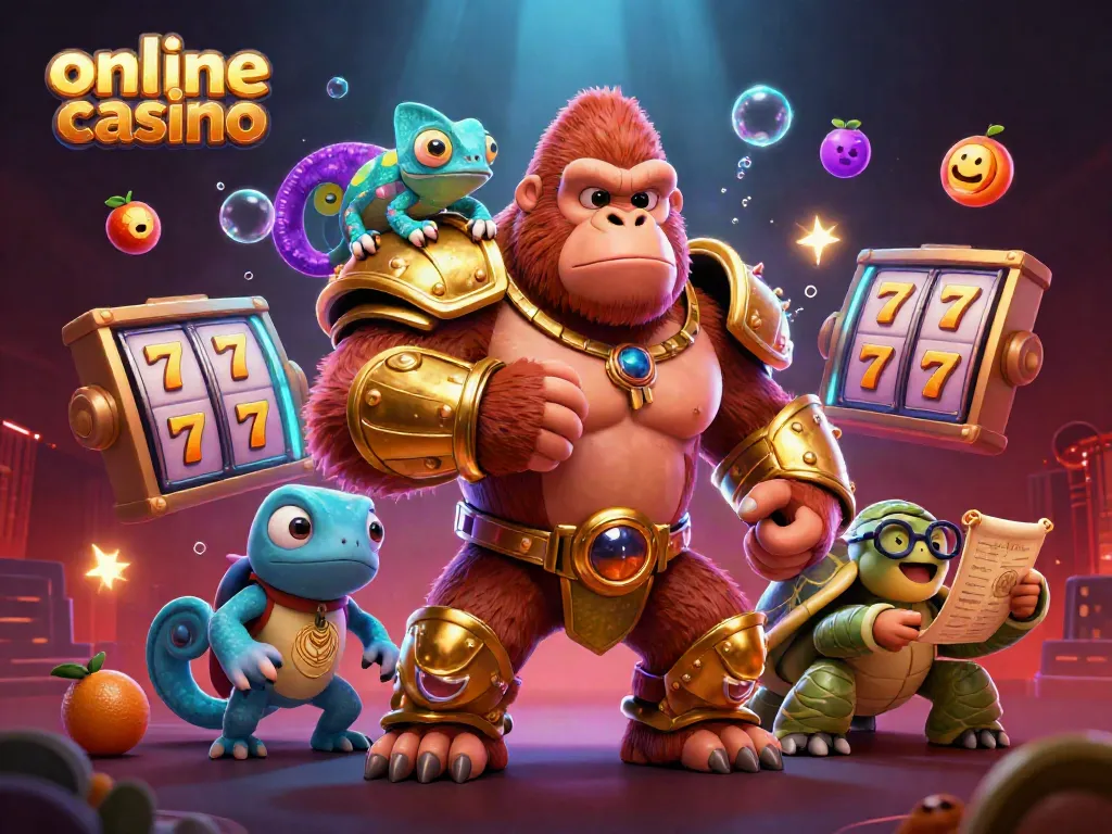 Experience excitement at the online casino with a gorilla, chameleon, and tortoise amidst vibrant slots and lights.