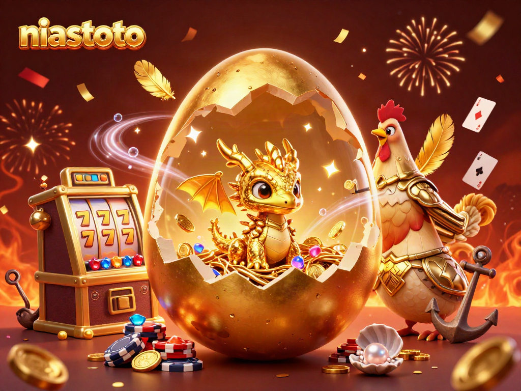 Menghadirkan niastoto, telur emas raksasa pecah, naga kristal, dan tumpukan chip poker di gambar kasino 3D.
