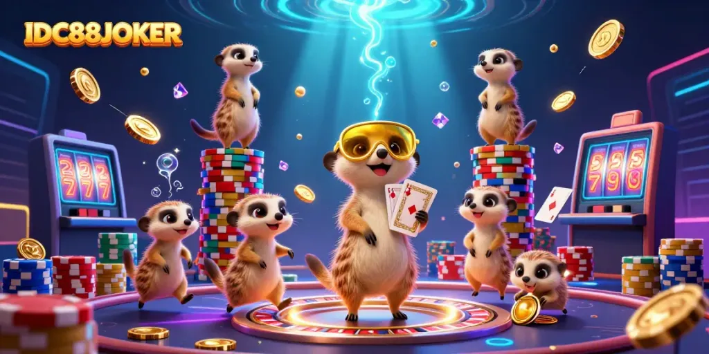 Experience fun at IDC88JOKER with meerkats running a vibrant casino filled with games and treasures.