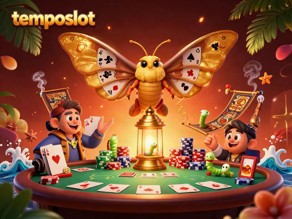 Experience the elegance of temposlot with a vibrant 3D casino scene featuring a moth and poker elements.