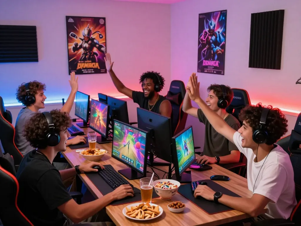 Friends enjoying gaming experiences at mantra88.net with colorful screens and vibrant atmosphere.