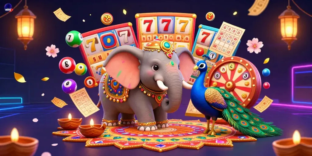 Engage with MANTIS88's vibrant world of slots, featuring a Diwali-themed elephant and peacock amidst golden lottery excitement.