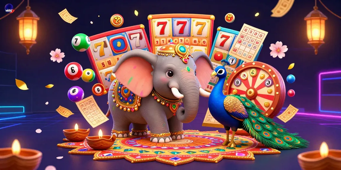 Engage with MANTIS88's vibrant world of slots, featuring a Diwali-themed elephant and peacock amidst golden lottery excitement.