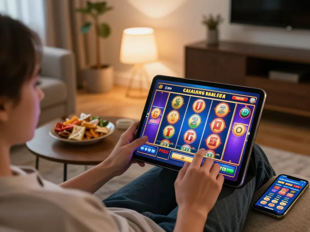Memainkan permainan mega slot di tablet di lingkungan rumah yang nyaman dengan camilan dan pencahayaan ambient