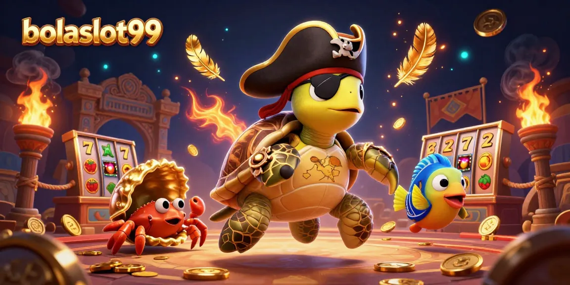 Experience excitement at bolaslot99 with a lively illustration featuring a pirate turtle, hermit crab, and parrotfish amid slot game elements.
