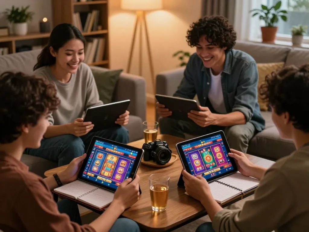 Berkumpul dengan permainan slot apk di tablet selama sesi permainan santai di rumah bersama teman-teman.