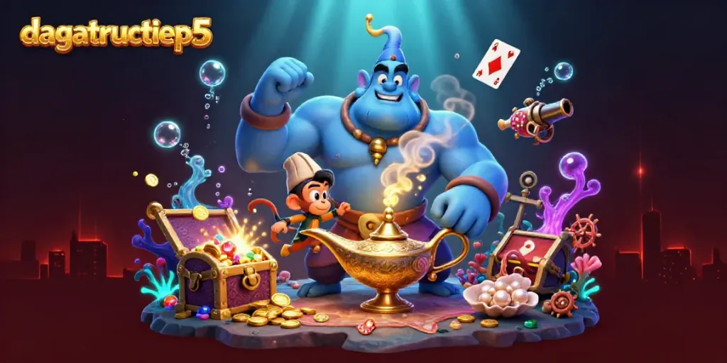 Experience the magic of dagatructiep5 with a blue genie, monkey, and coins in a vibrant scene.