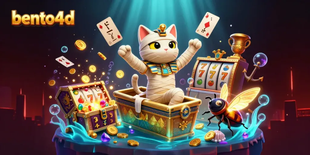 Engage with bento4d's thrilling gaming adventure featuring a mummy cat, scarab, and sparkling slots.