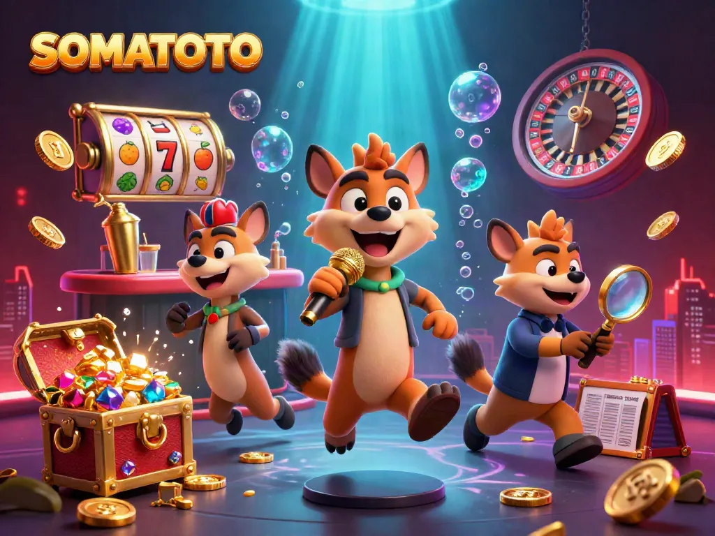 Experience the excitement of SOMATOTO as hyenas host a comedy casino club amidst vibrant game elements and treasures.