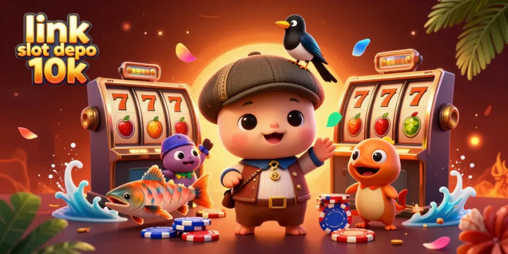 Engage with the vibrant gaming scene of link slot depo 10k featuring playful characters and rich casino elements.