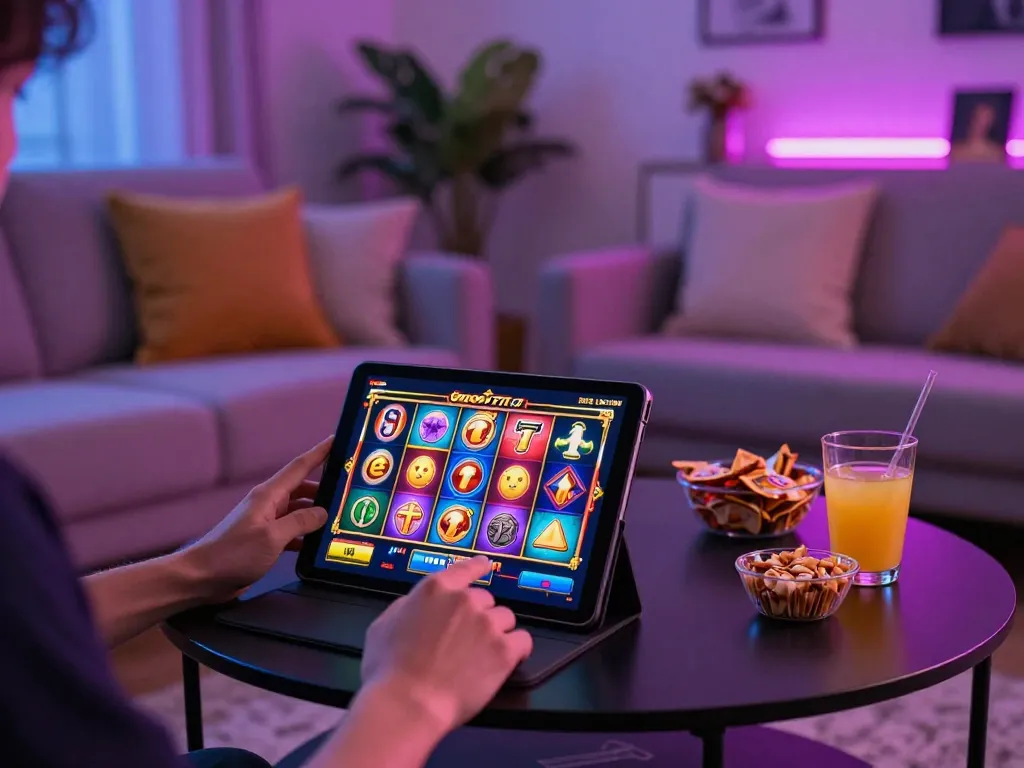 Enjoying a session of slot gacor 777 on a tablet in a cozy home setup, emphasizing strategic gameplay.