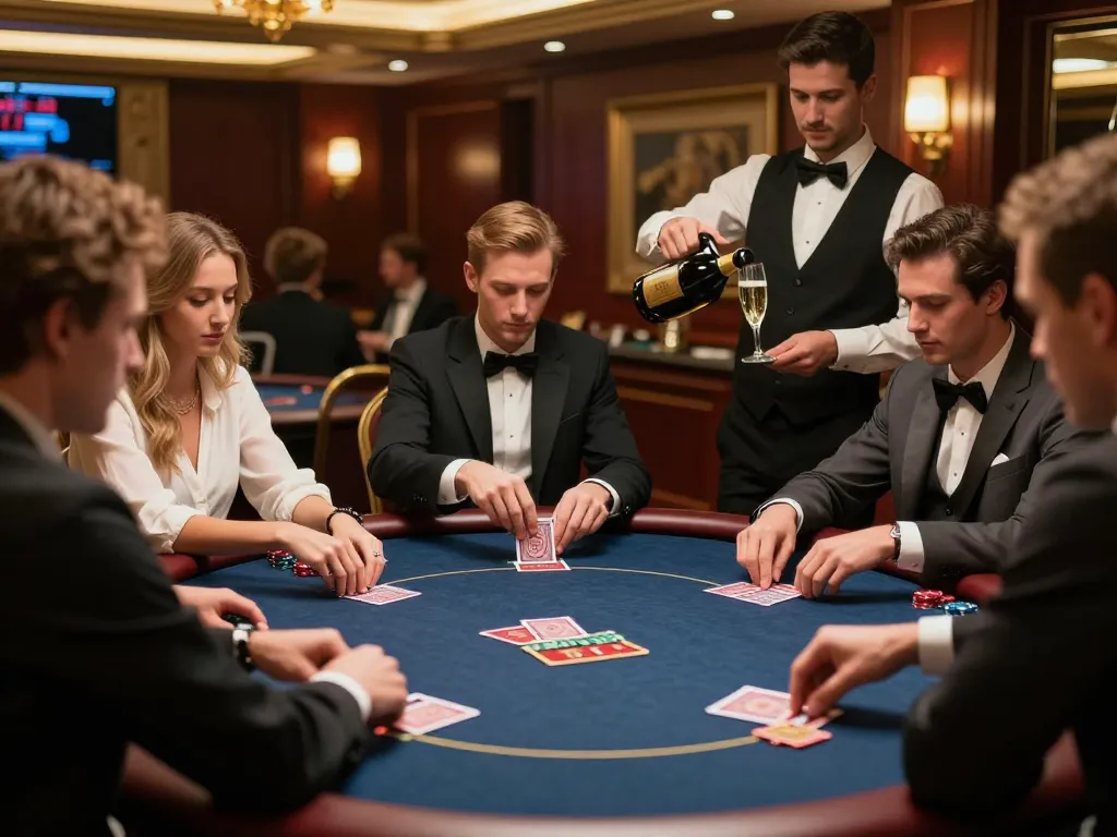 Pemain M88 Indonesia yang merencanakan strategi dalam permainan poker kelas atas, menonjolkan suasana elit dan kegembiraan.