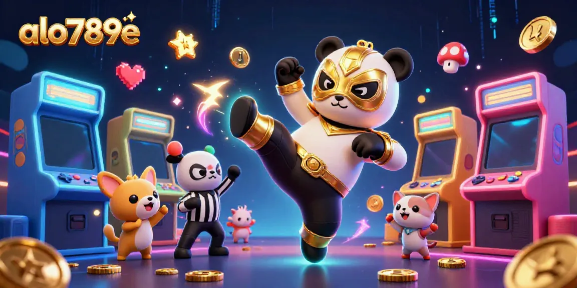 Experience the excitement of alo789e as a panda wrestler performs a flying kick amid a vibrant gambling scene.
