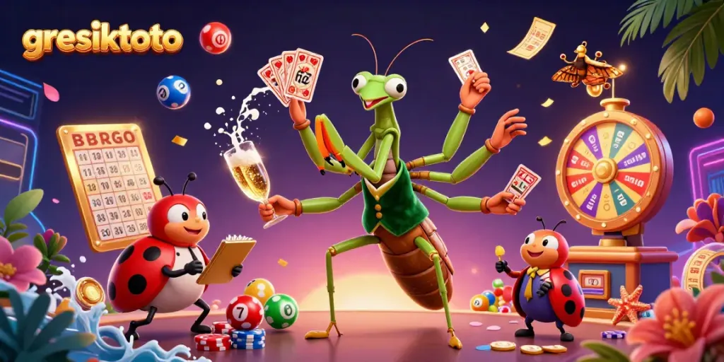 Experience the excitement at gresiktoto with a vibrant 3D illustration of a praying mantis card sharp and a ladybug pit boss.