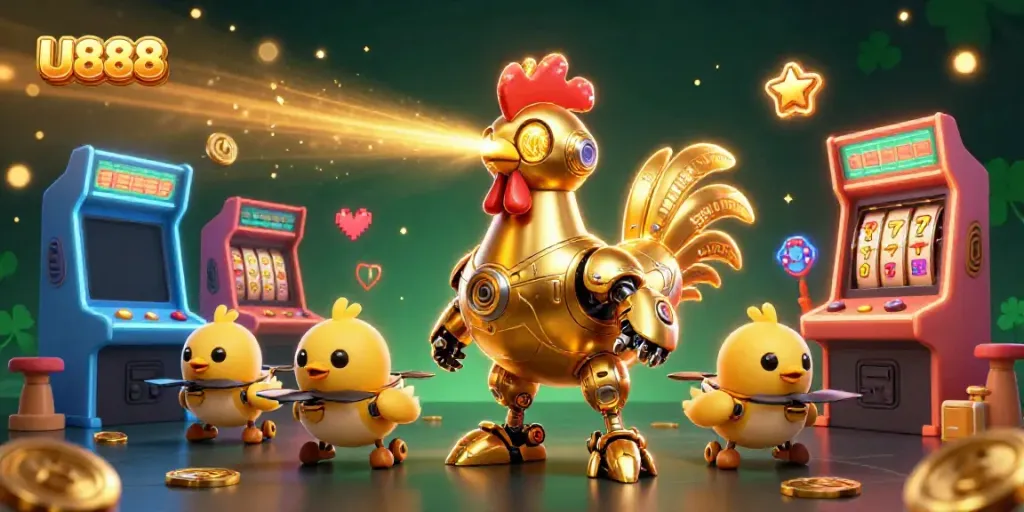 Elevate your gaming experience with U888's vibrant casino illustration featuring a golden rooster robot.