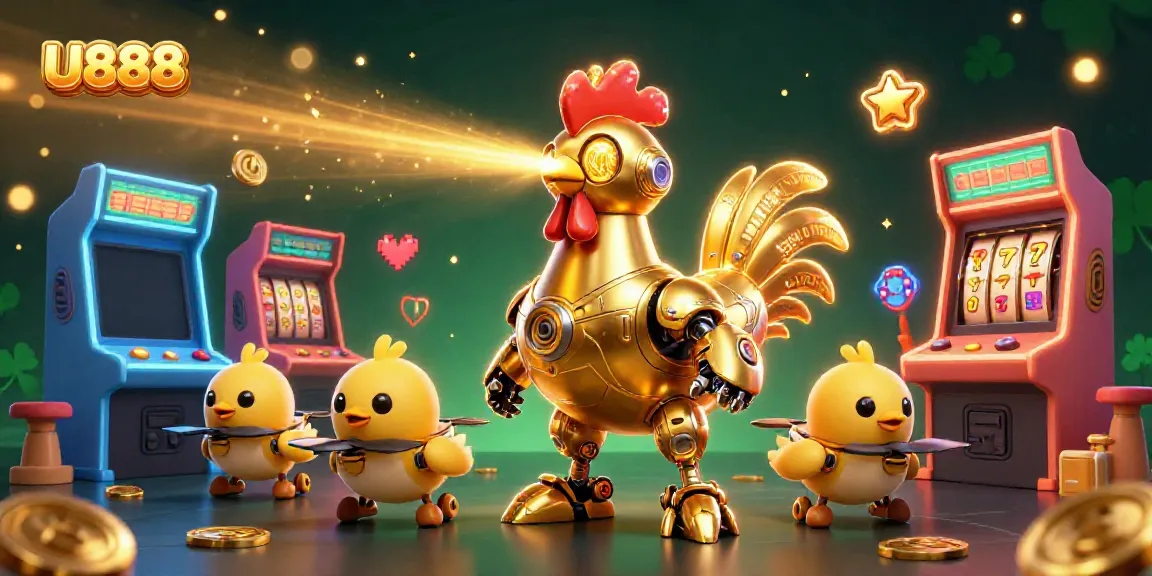 Elevate your gaming experience with U888's vibrant casino illustration featuring a golden rooster robot.
