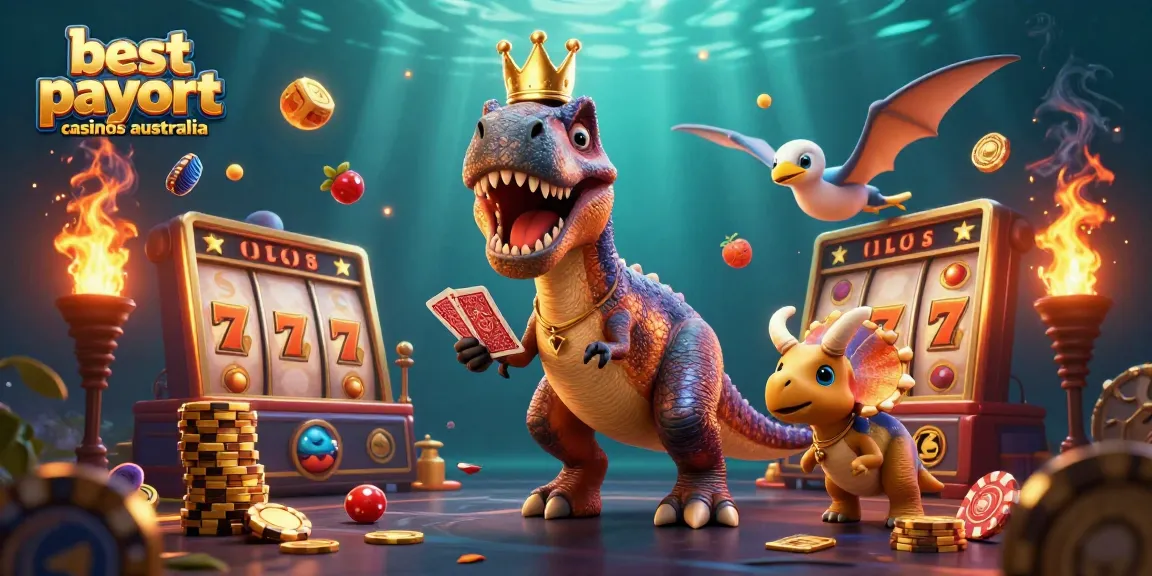 Experience the excitement at best payout casinos Australia with a fun dinosaur-themed scene.