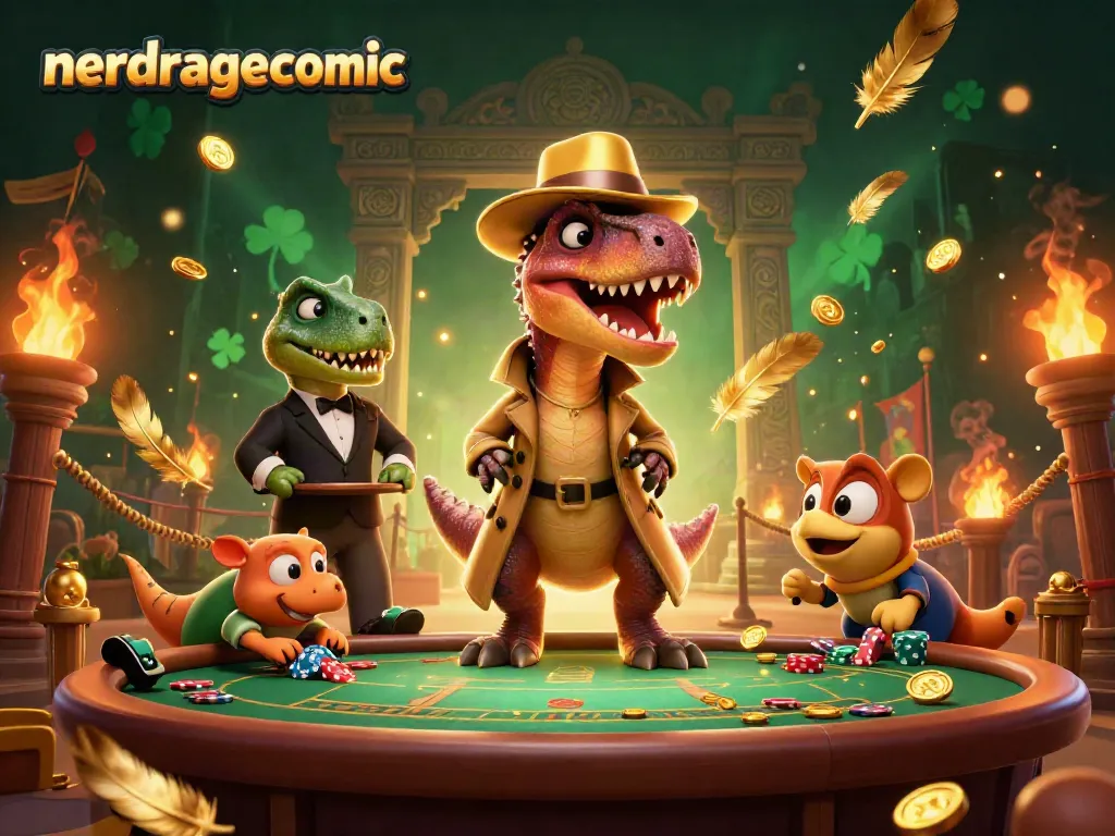 Gambaran 3D ceria dari nerdragecomic menunjukkan velociraptor menyamar di kasino sambil mencuri perhatian di meja blackjack.