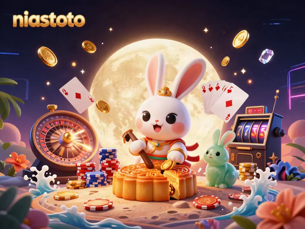 Ilustrasi kasino dengan niastoto dan kelinci bulan memukul kue bulan berisi chip poker di permukaan bulan.