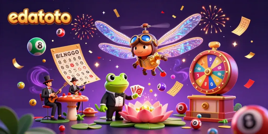 Engage with edatoto's vibrant 3D casino scene featuring a dragonfly pilot and frog dealer amidst festive lottery elements.