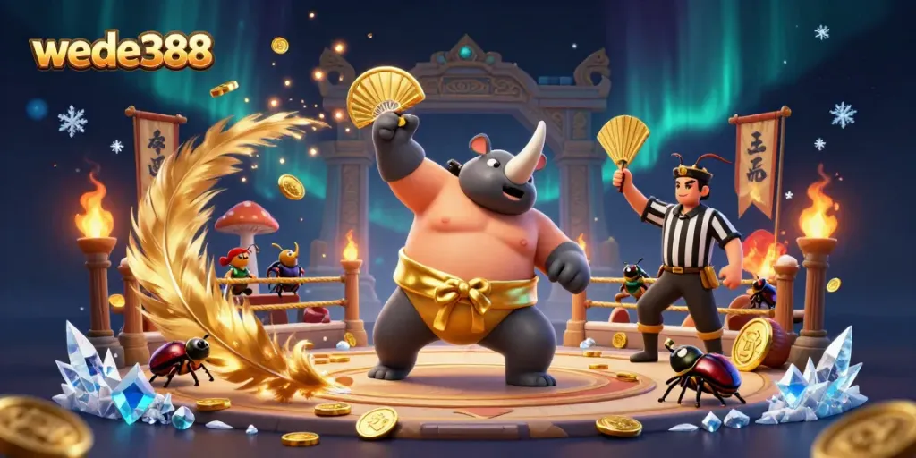 Wede388 menghadirkan juara sumo badak rhinoceros dalam suasana kasino yang meriah dengan koin emas beterbangan.