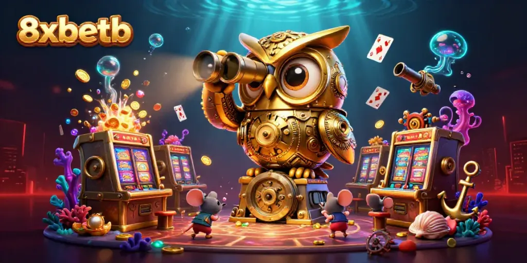 Engage with exciting games at 8xbetb featuring vibrant slot machines and a whimsical golden owl.