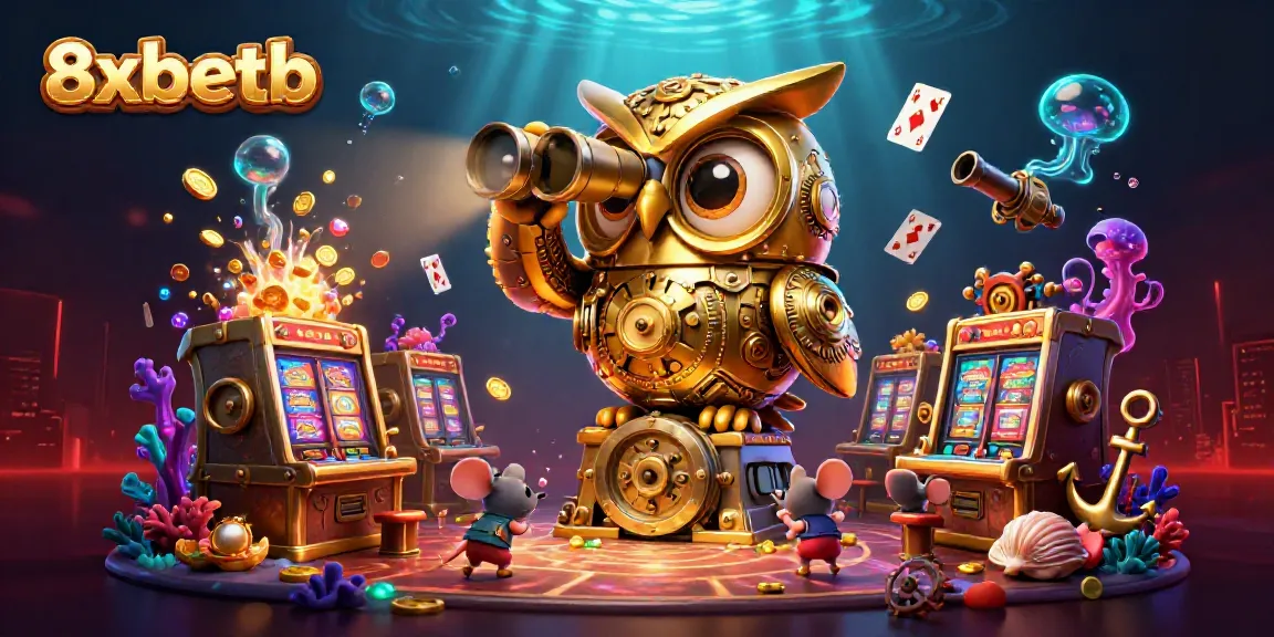 Engage with exciting games at 8xbetb featuring vibrant slot machines and a whimsical golden owl.