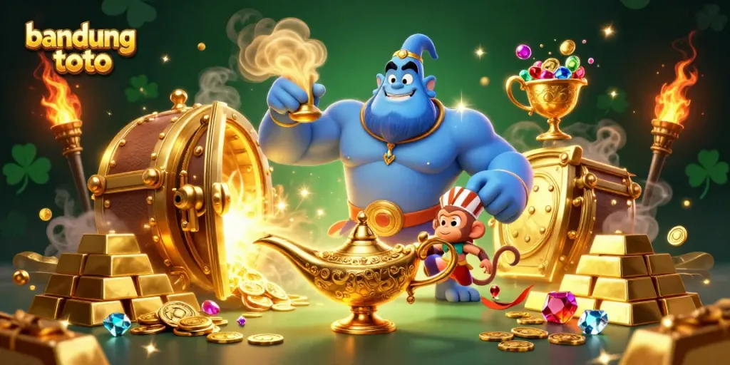 Engage in exciting casino adventures with bandung toto as a genie bursts from a lamp surrounded by treasures.