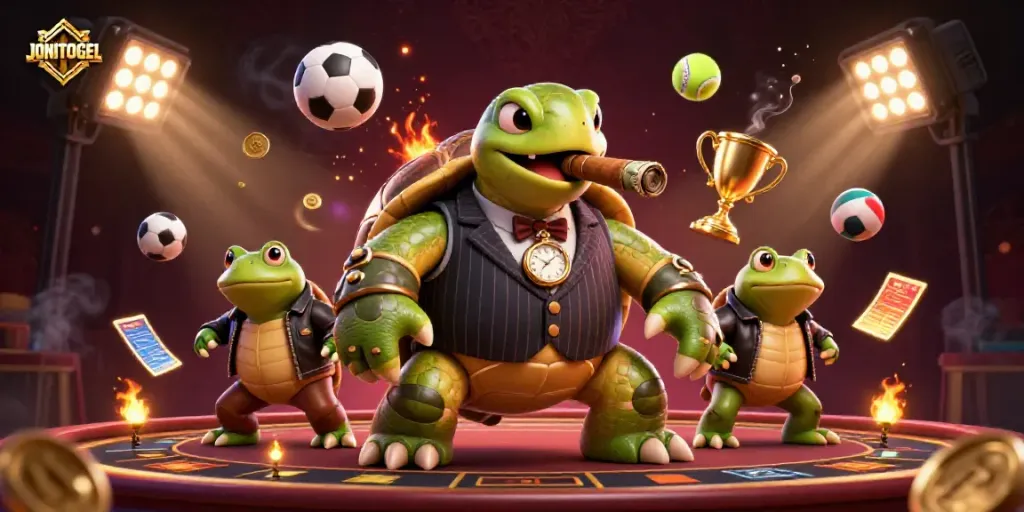 Engage with JONITOGEL's vibrant casino atmosphere featuring a massive turtle mobster and bullfrog enforcers.